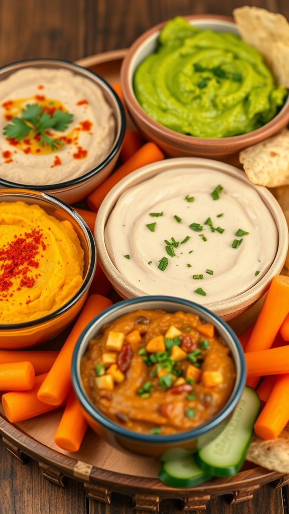 A vibrant assortment of vegan dips: hummus, cashew dip, and guacamole with fresh veggies and chips.